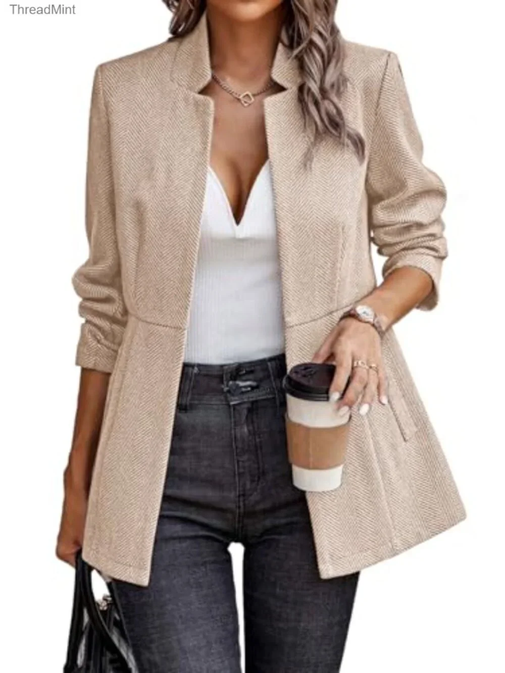 Women's Open Front Herringbone Blazer Long Sleeve Full Lining Padded Shoulders